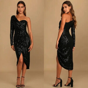 Lulu's Elegant Occasion Black Sequin One-Shoulder Midi Dress S Wedding Party
